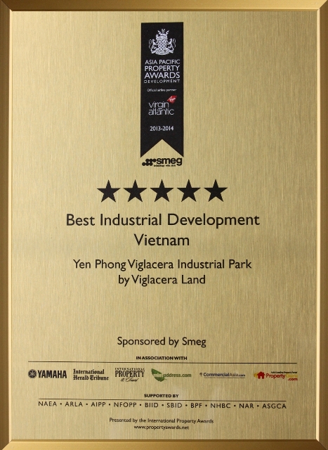VIGLACERA LAND nhận giải thưởng Bất động sản quốc tế (The International Property Awards) cho hạng mục Nhà phát triển Công nghiệp tốt nhất Việt Nam 2013